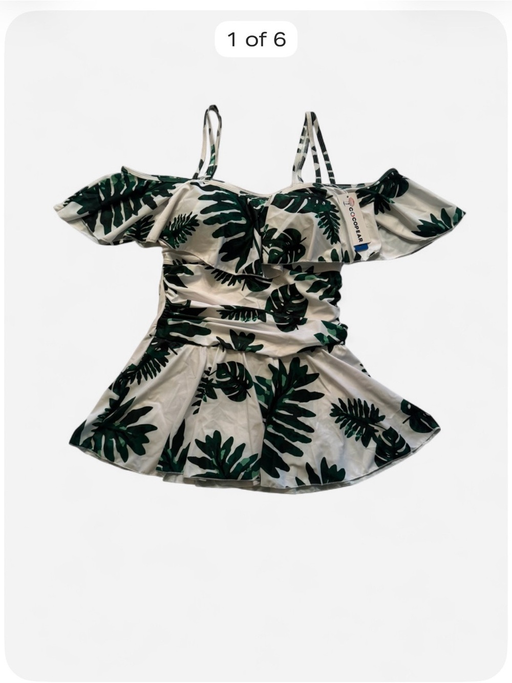 NWT COCOPEAR One Piece Skirted Swimsuit Size L White Green Tropical Leaf
